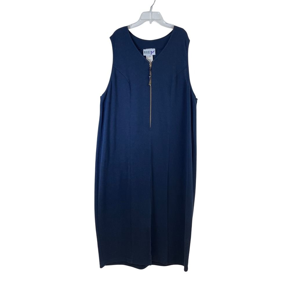 Vtg More Jazz Navy Blue Ribbed Sleeveless Half‎ Zip Sheath Dress Size 22 Preppy